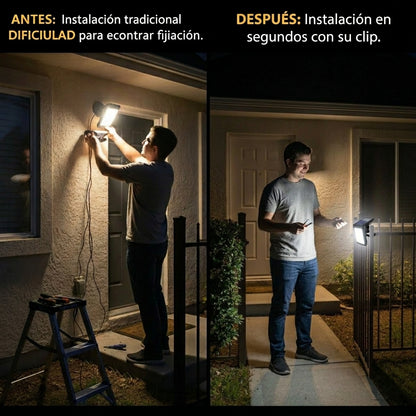 LuzClip™ – Reflector tipo pinza: Carga solar o USB, sensor de movimiento, encendido automático.