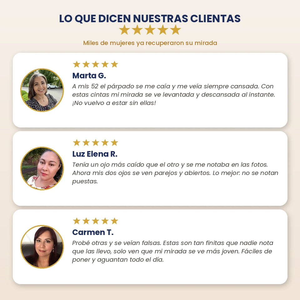 Mujer mostrando el antes y después del lifting de párpados con las tiras